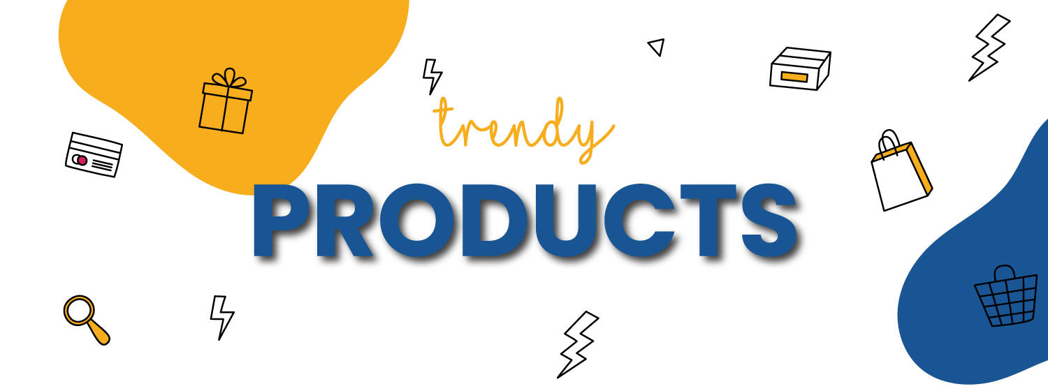 Bright and colorful banner showcasing the text 'Trendy Products' with shopping icons and a playful design.