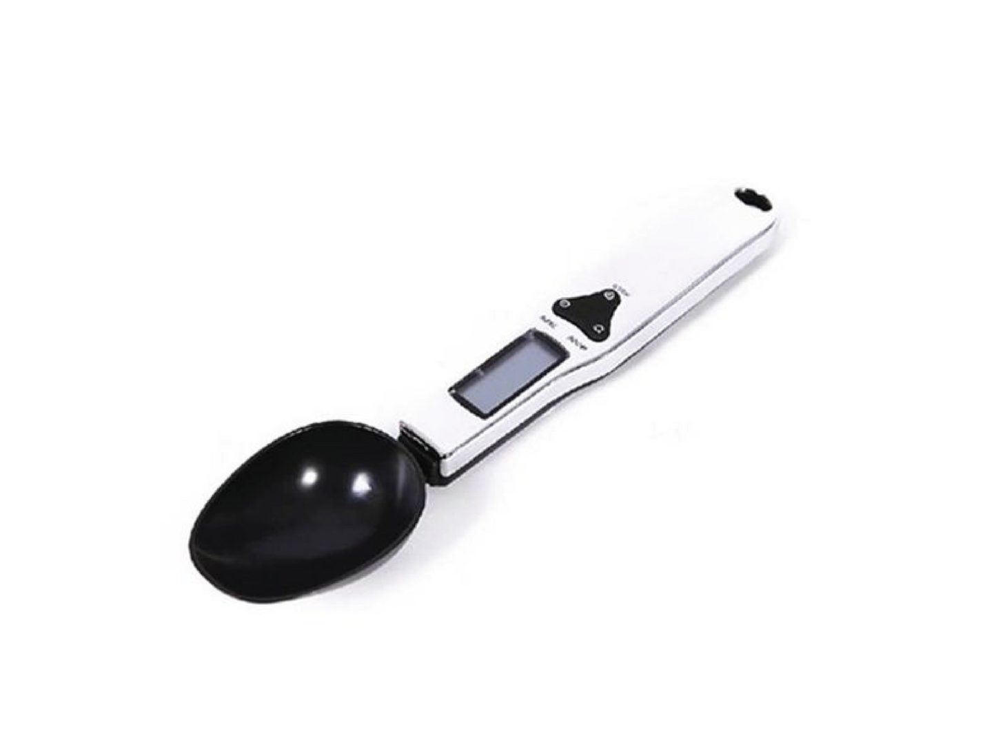This digital measuring spoon with a black scoop and LCD display offers precise measurements with unit selection and on/off buttons.
