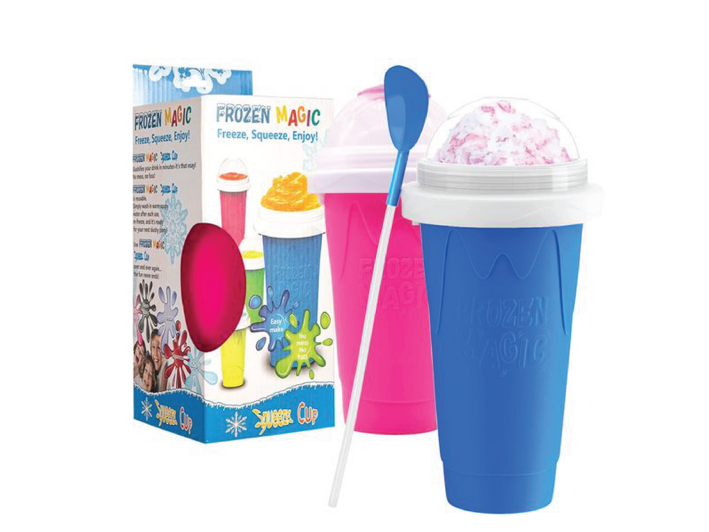 Frozen Magic squeeze cups in blue and pink quickly turn drinks into slushies with a spoon-straw, perfect for homemade frozen treats.