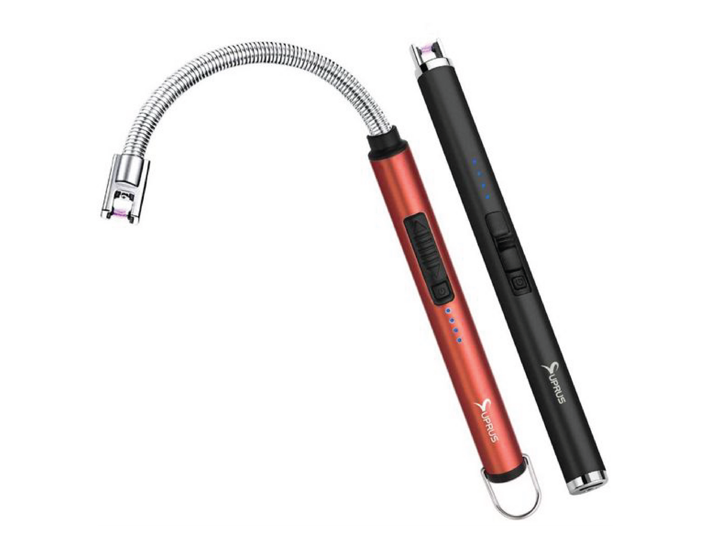 This set of two USB arc lighters with flexible necks and digital battery indicators is ideal for lighting candles and barbecues.