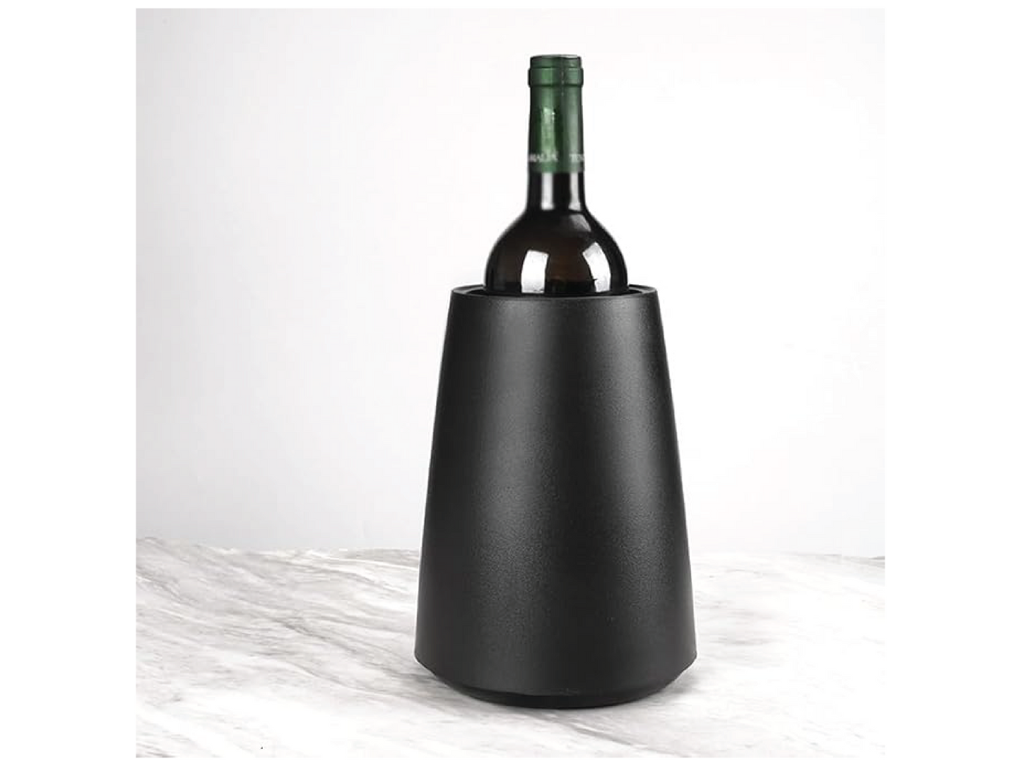 Sleek black wine bottle chiller. Keeping wine chilled without the need for ice or refrigeration.