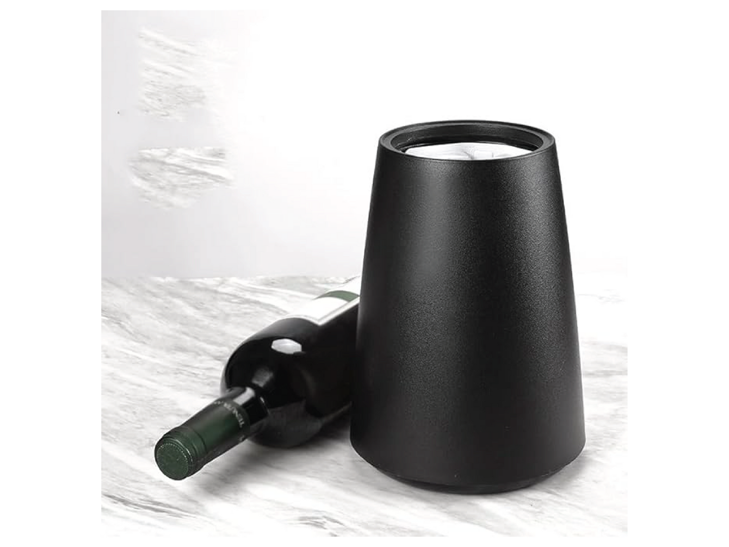 Sleek black wine bottle chiller. The minimalist design of the chiller, provid a stylish solution for keeping wine at the perfect temperature.