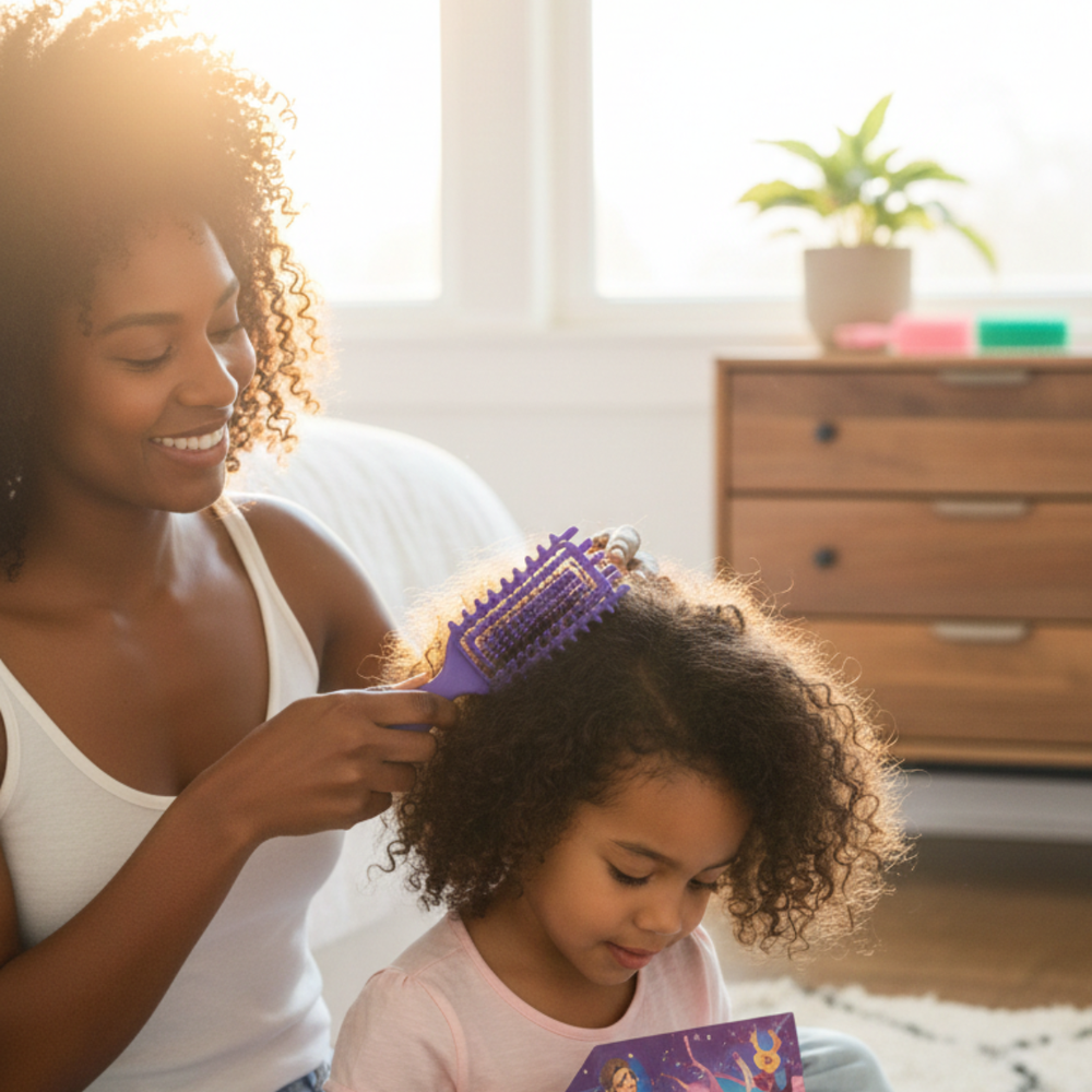Mother gently brushing a child’s curly hair with a purple curl-defining hairbrush
