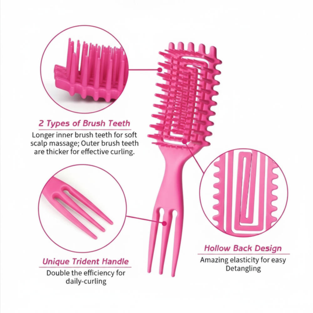Pink curl-defining hairbrush feature diagram showing brush teeth design hollow back and trident handle