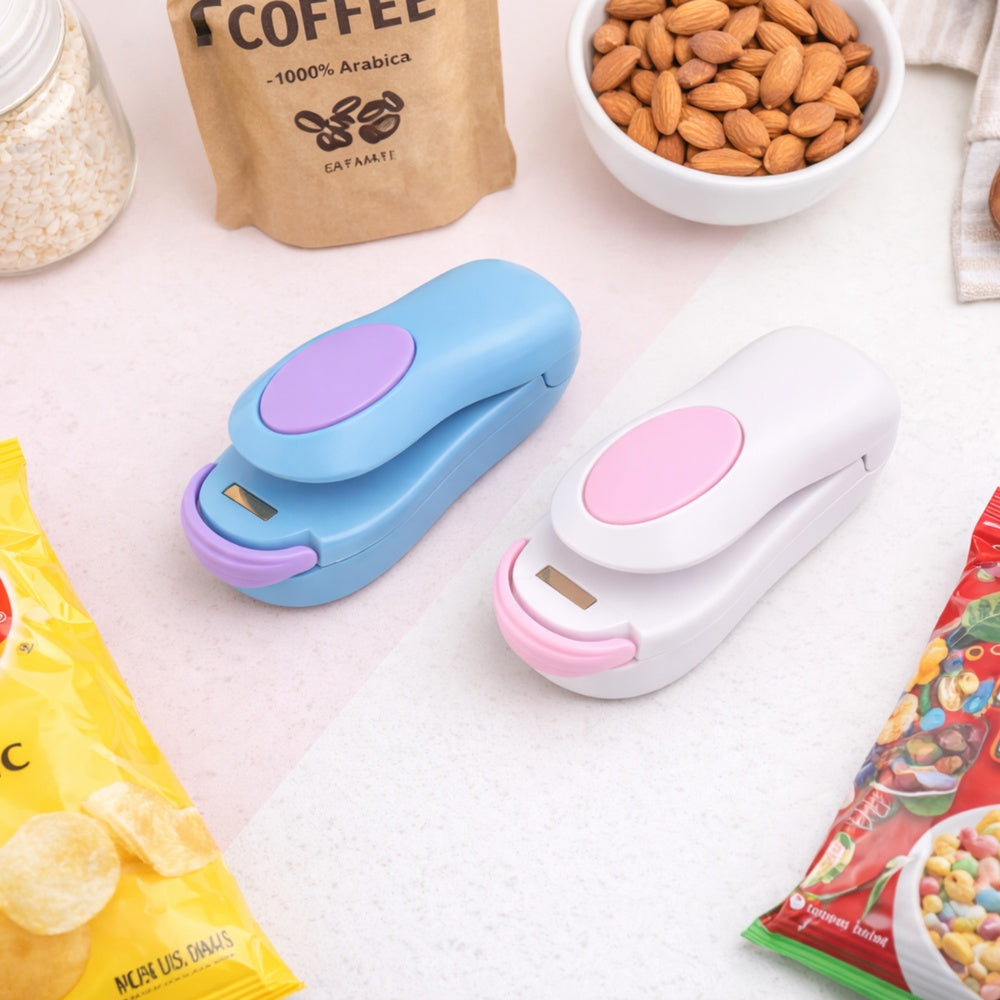 Flat lay of mini bag sealers with snacks and coffee for airtight resealing and fresher storage.