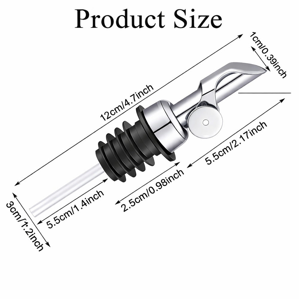 Product size diagram of a stainless-steel pour spout with measurements labeled in centimeters and inches on a white background.