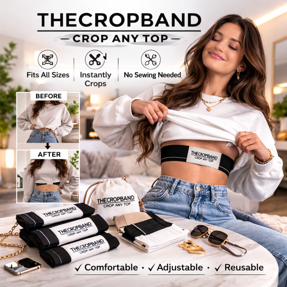 Lifestyle scene of THECROPBAND used under a white sweatshirt with before-and-after comparison, product set on table, and benefits listed as comfortable, adjustable, and reusable.