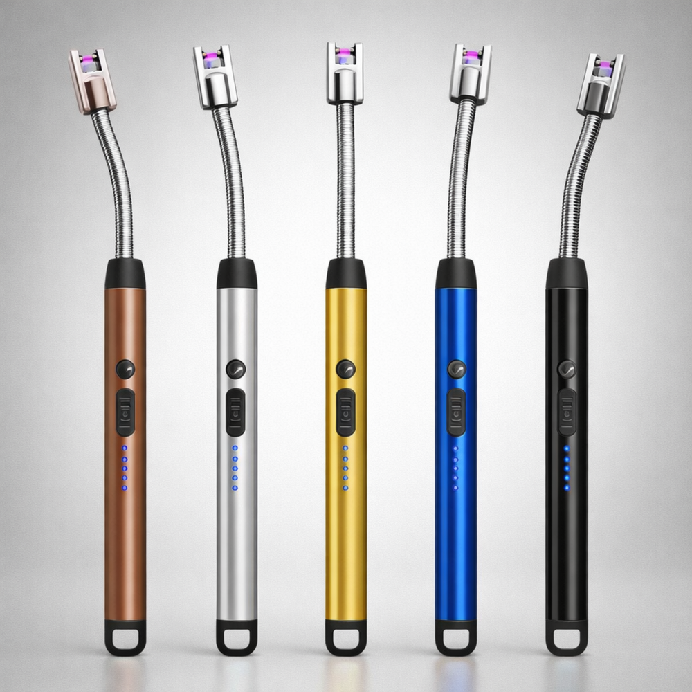 Five USB arc lighters are shown in bronze, silver, gold, blue, and black color options with a flexible neck design.