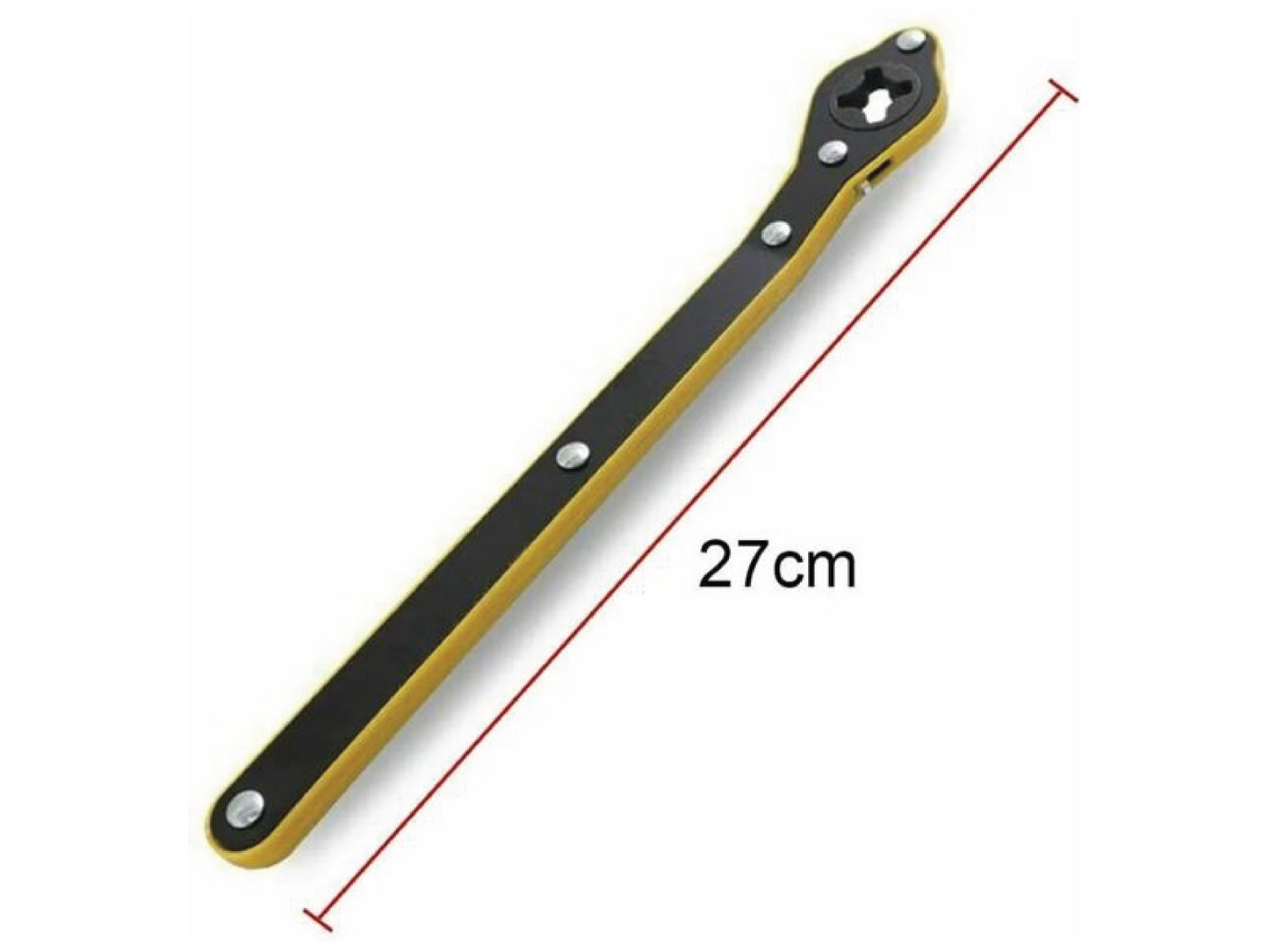 This 27cm black and yellow wrench is compact, ergonomic, and ideal for automotive wheel changes.