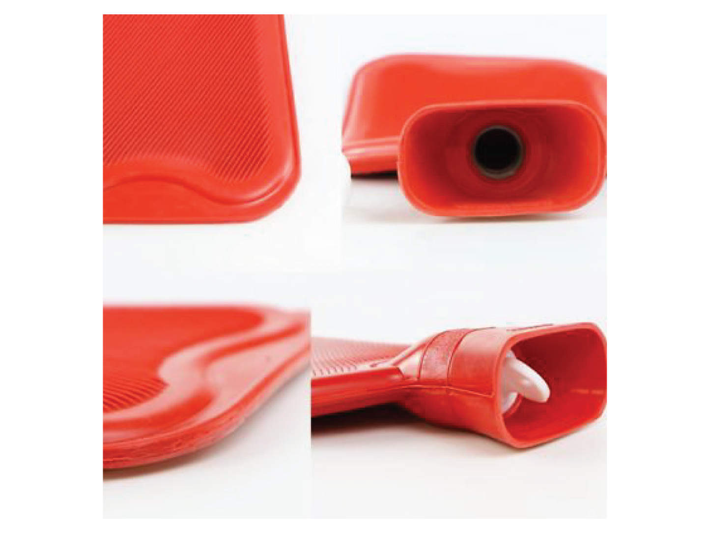 The red hot water bottle features a textured surface, wide mouth, and leak-proof cap for warmth and pain relief.