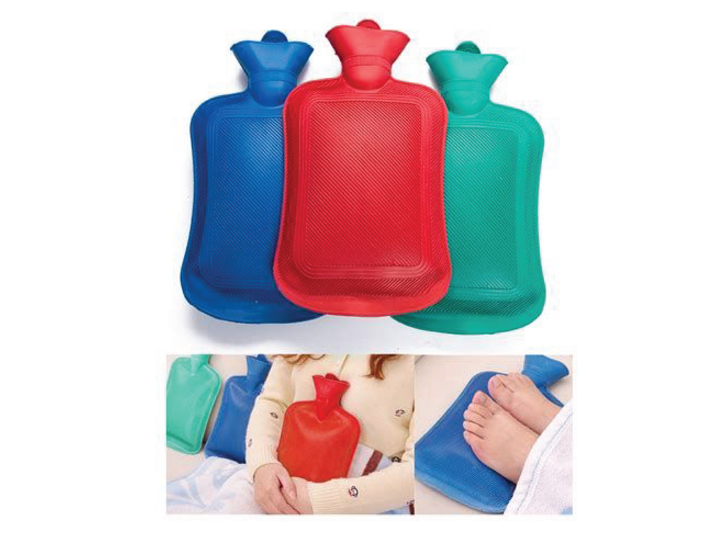 This set of three colorful hot water bottles provides soothing relief for pain and warmth in cold weather.