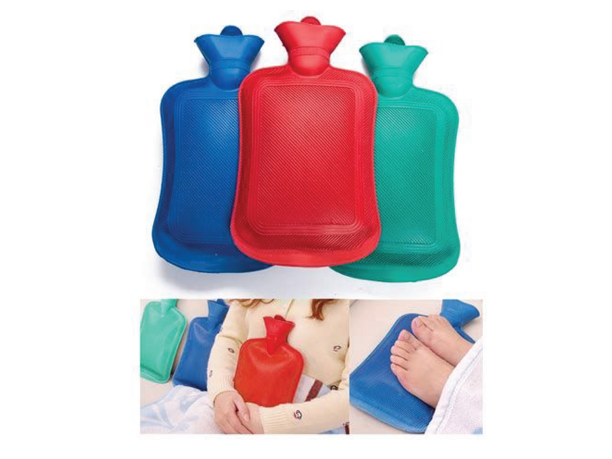 This set of three colorful hot water bottles provides soothing relief for pain and warmth in cold weather.