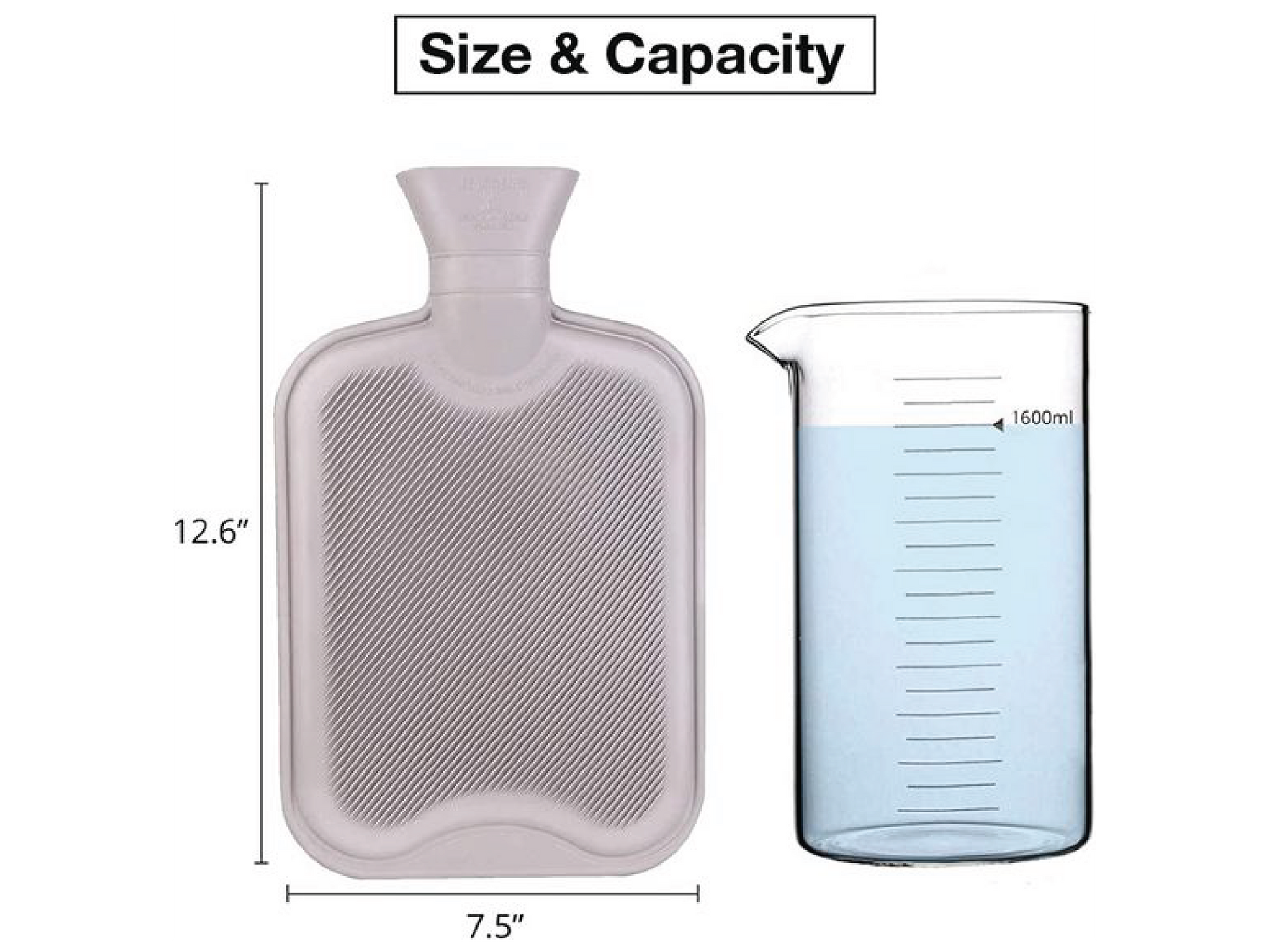The 12.6-inch hot water bottle holds 1600ml, with a textured surface for a secure grip and pain relief.