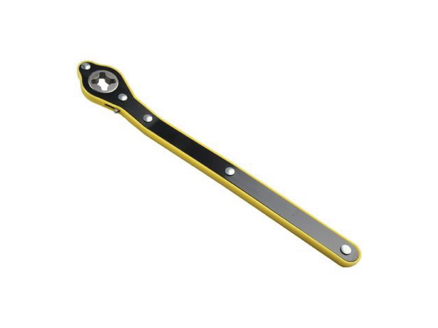 This black and yellow long-handled wrench is ideal for lifting cars during wheel changes.