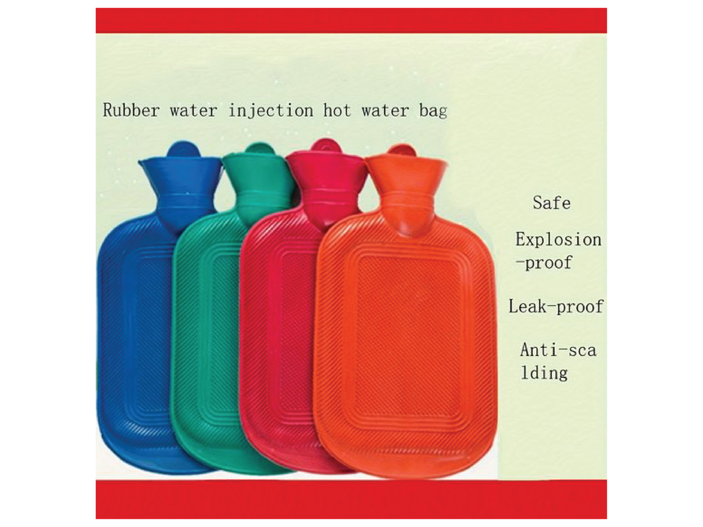 This set of colorful, leak-proof hot water bags provides safe, soothing heat for pain relief.