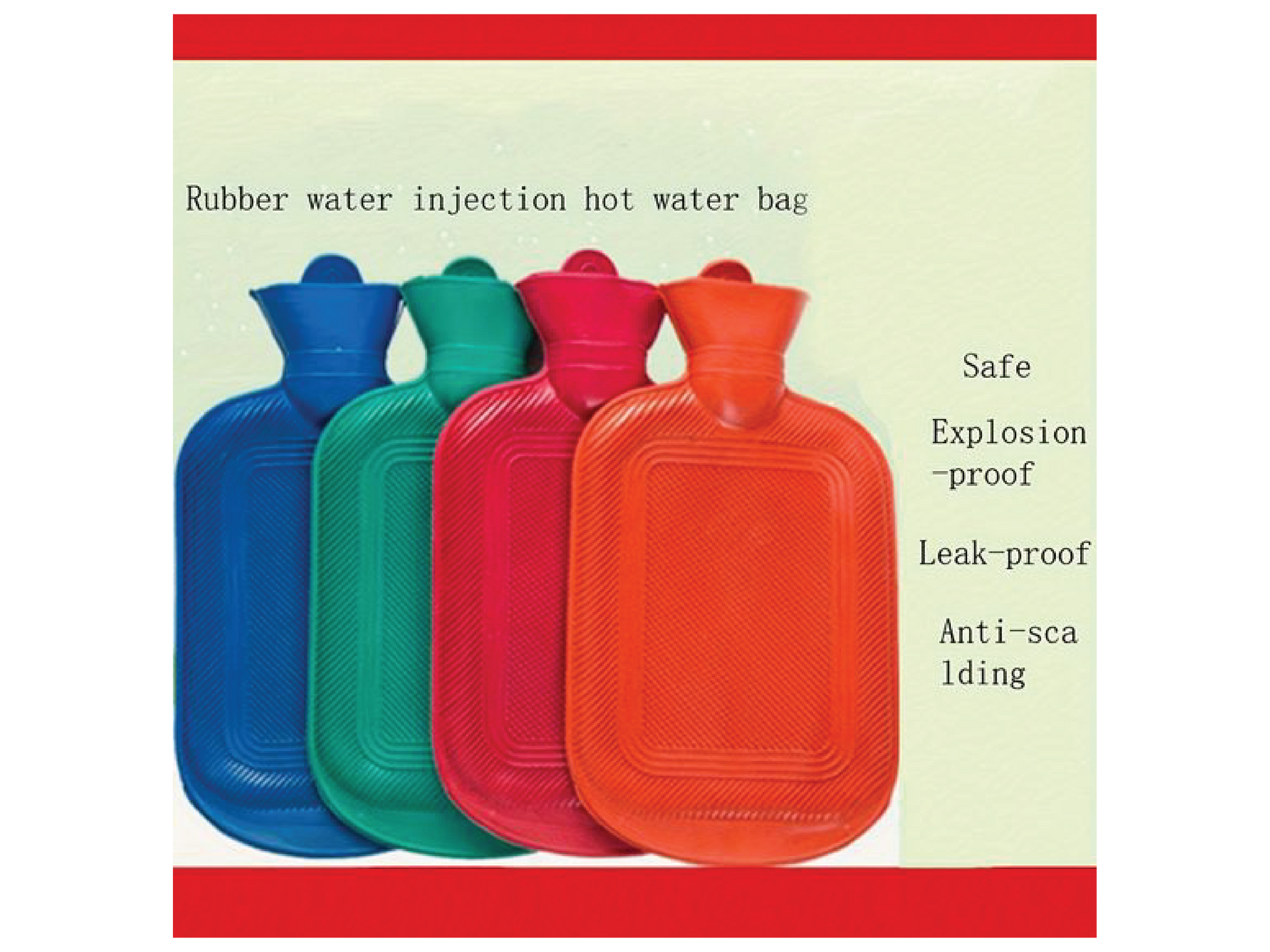 This set of colorful, leak-proof hot water bags provides safe, soothing heat for pain relief.
