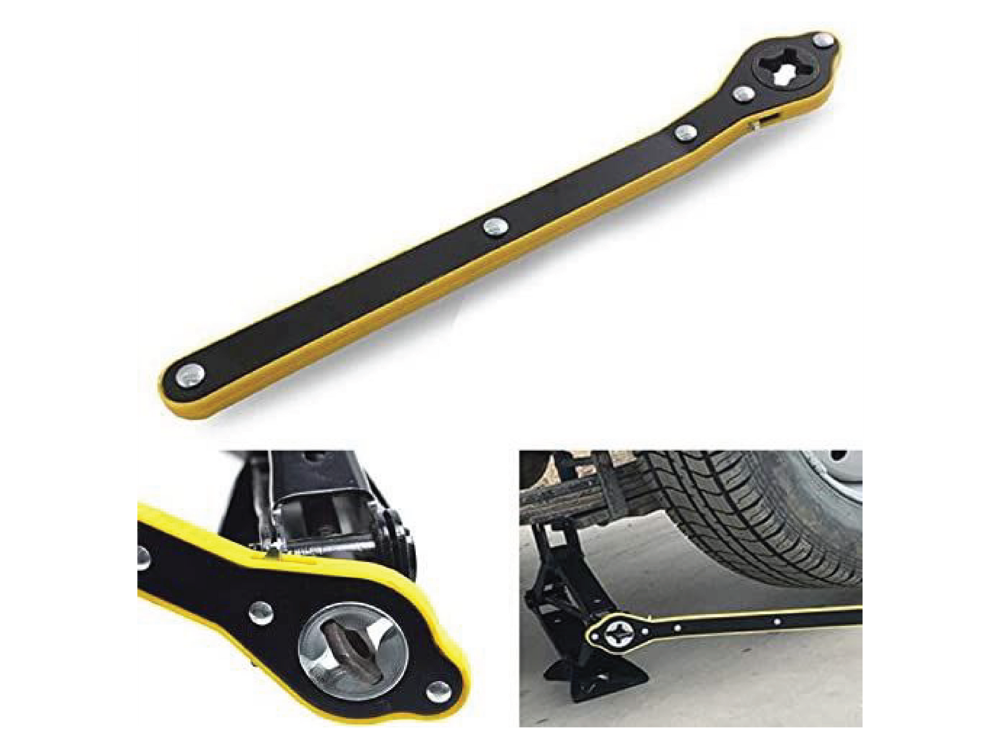 This heavy-duty black and yellow wrench provides increased leverage for lifting cars during wheel changes.