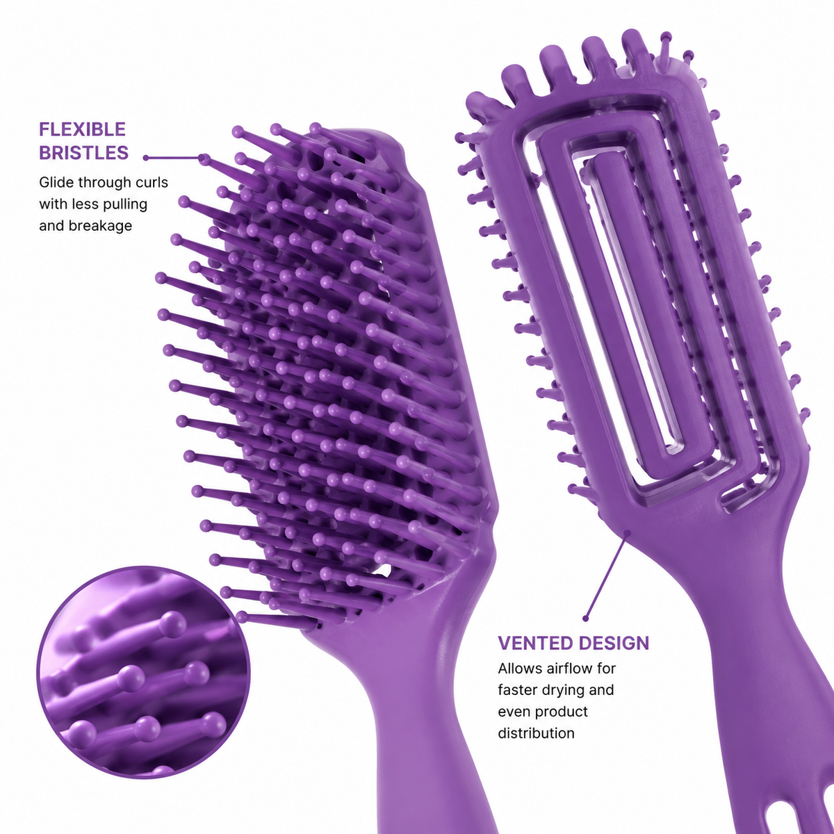 Close-up of a purple curl defining brush showing the flexible bristles and vented back design for detangling and faster airflow during styling.