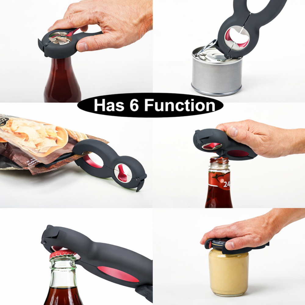 Collage showing a multi-function opener used on bottle caps, can tabs, snack bags, and jar lids.
