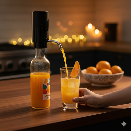 Automatic bottle dispenser pouring orange juice into a glass in a kitchen setting
