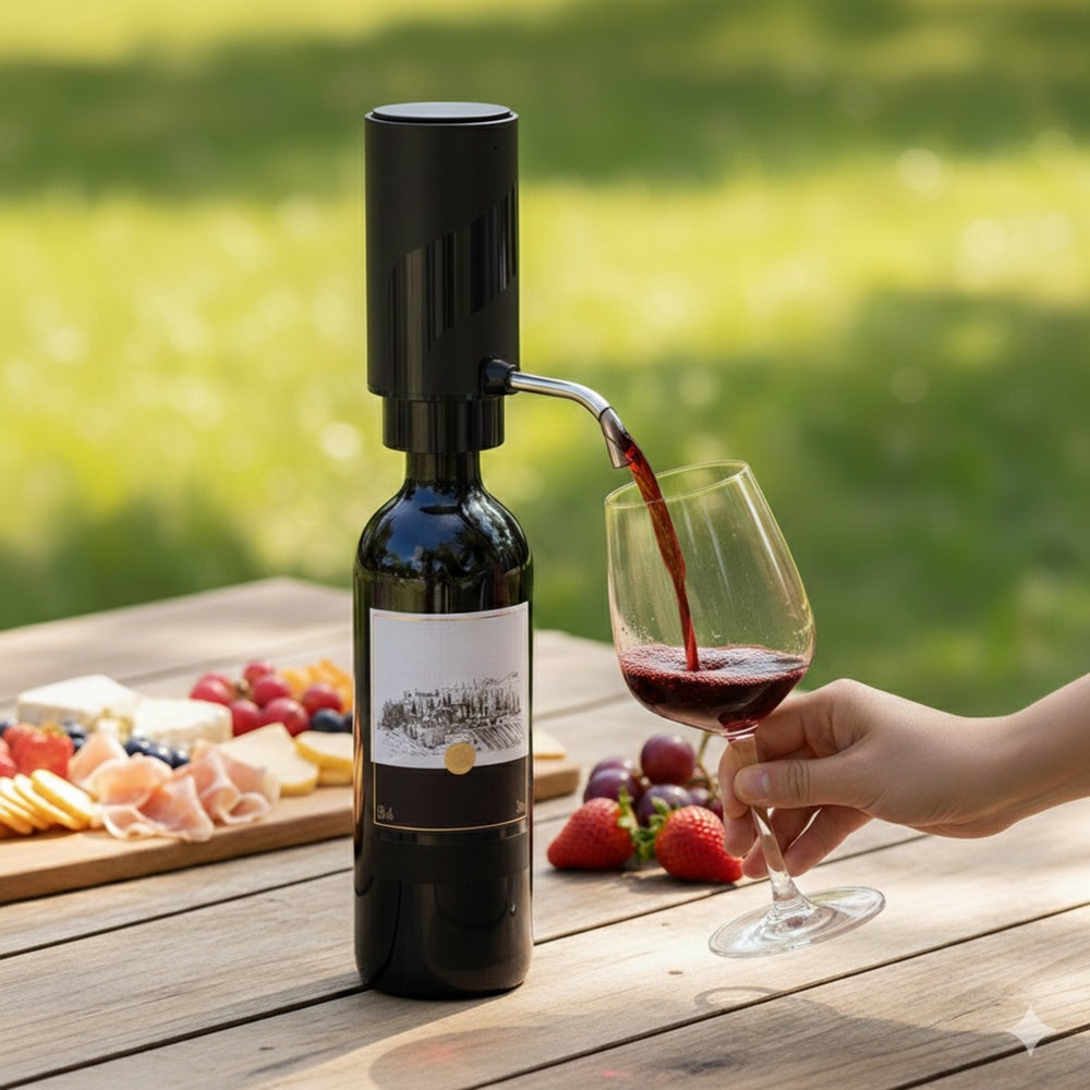 An automatic bottle dispenser attached to a wine bottle pouring red wine into a glass on an outdoor table