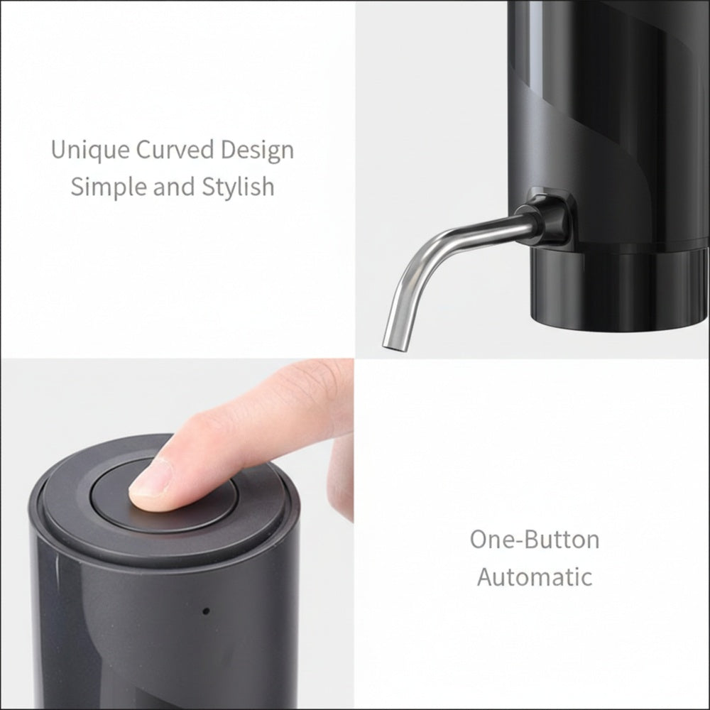 Black automatic bottle water dispenser with curved design, stainless steel spout, and one-button operation feature collage