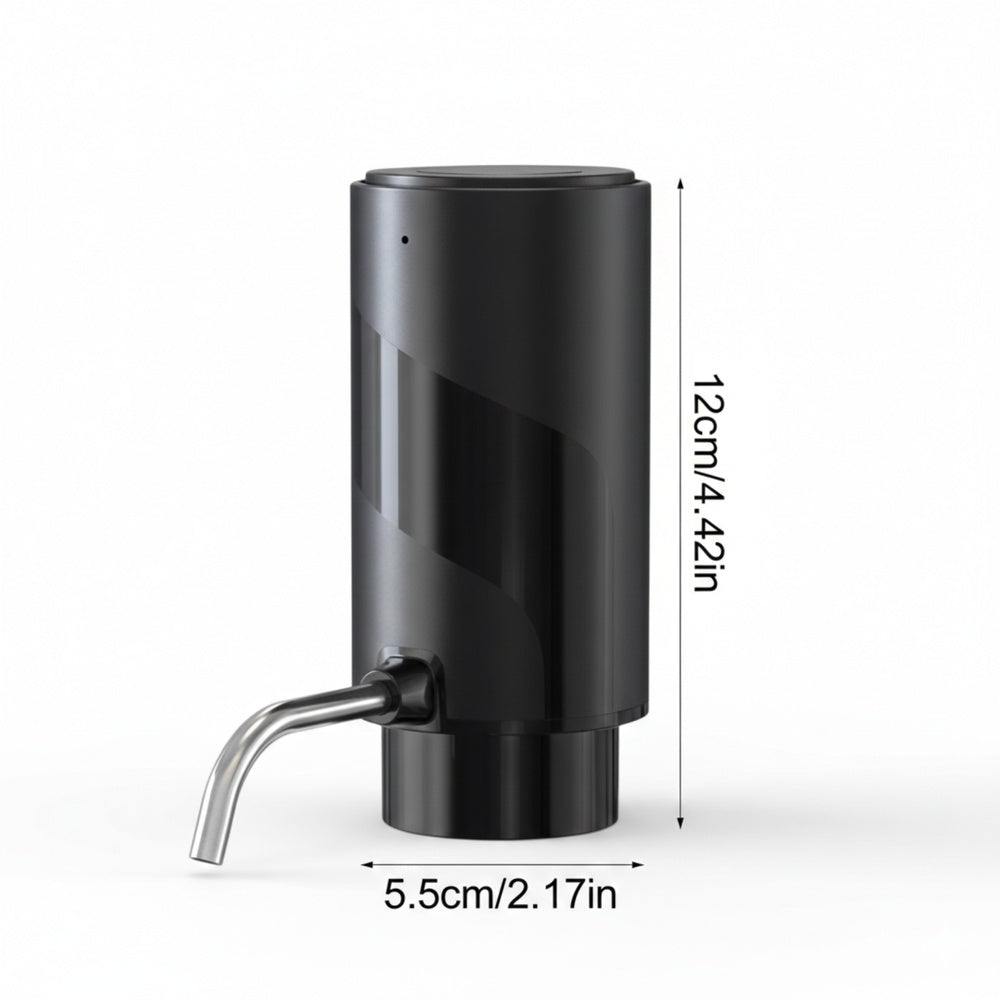 Black automatic bottle water dispenser size guide showing dimensions 12 cm height and 5.5 cm width