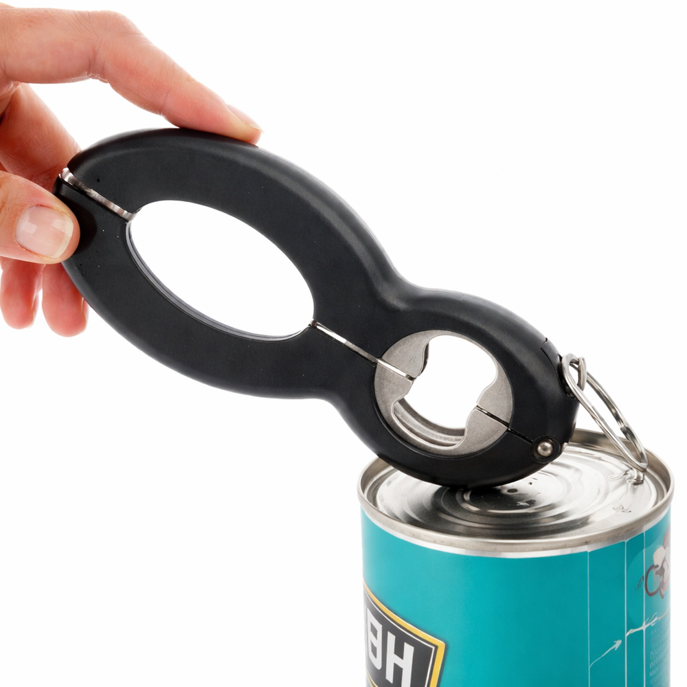 Hand using a black opener tool to lift a pull-tab on a can.