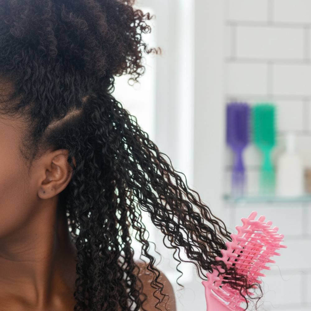 Woman detangling curly hair with a pink curl-defining hairbrush in a bathroom
