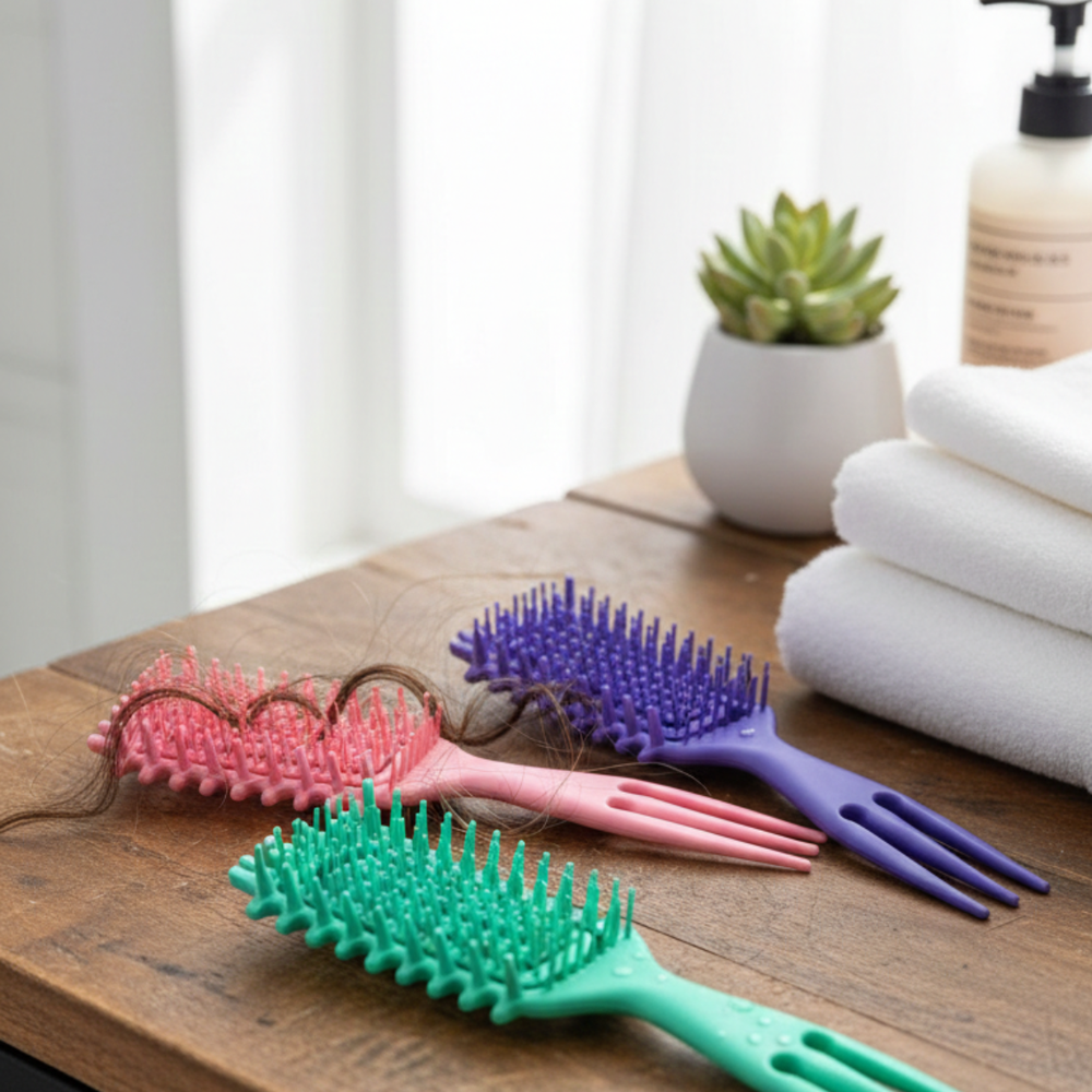 Curl-defining hairbrushes in pink, green and purple displayed on a wooden bathroom counter