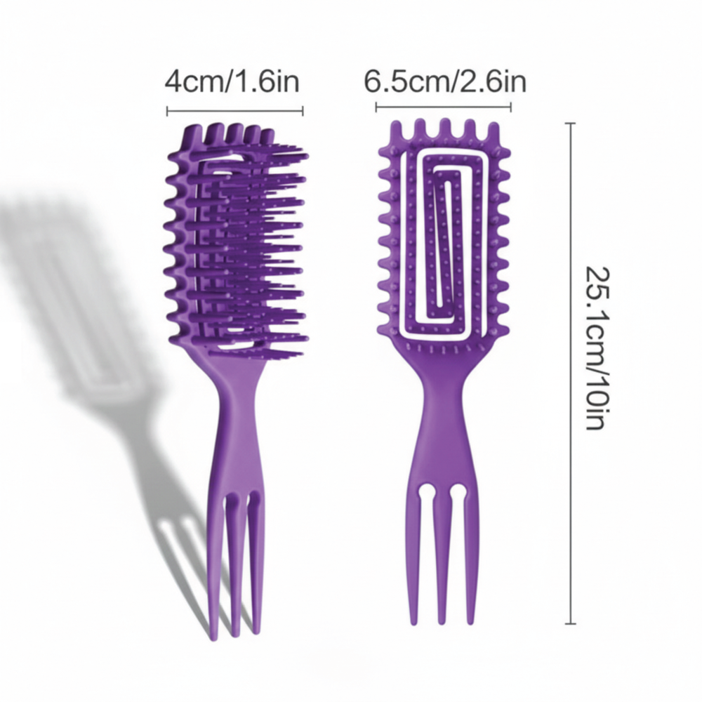 Curl-defining hairbrush size guide showing dimensions in centimeters and inches for the purple brush