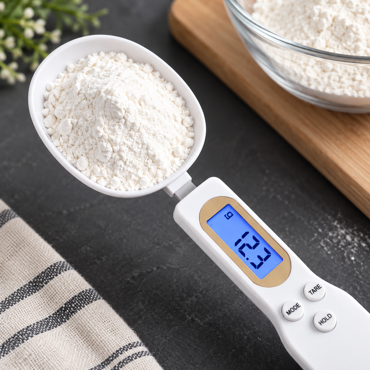 White digital measuring spoon weighing flour with a blue LCD display showing 12.3 g