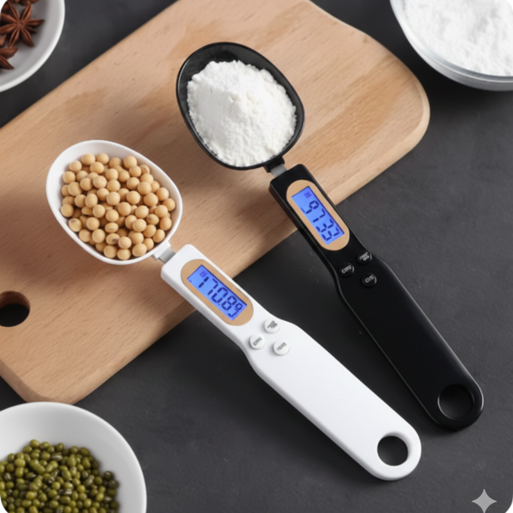 Close-up of black and white digital measuring spoon scales with ingredients on a cutting board.