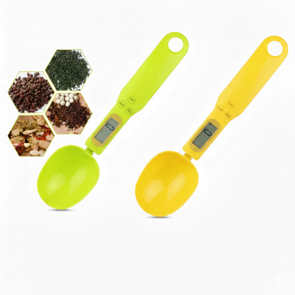 A green and yellow digital measuring spoon scales a product image on a white background.