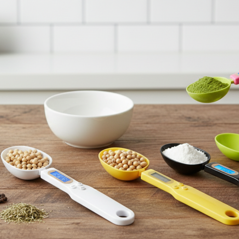 Digital measuring spoon scale set in multiple colors on a kitchen table with ingredients and bowls.