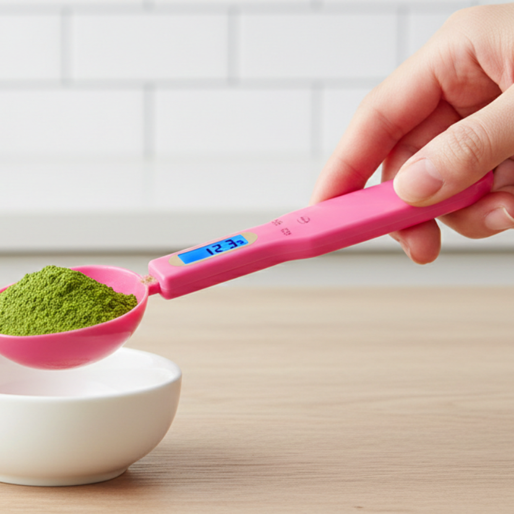 A pink digital measuring spoon scale holding green matcha powder above a white bowl in a kitchen setting.