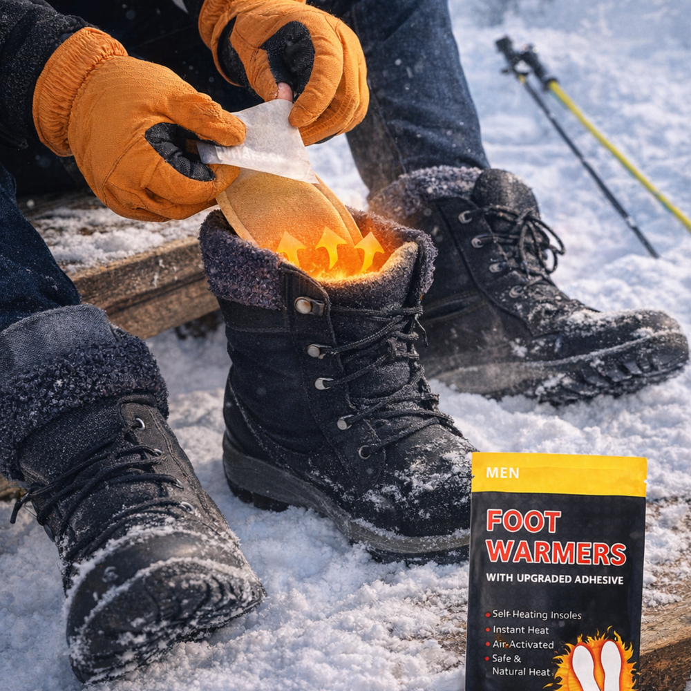 Man inserting adhesive self-heating foot warmer inside winter boot during snow activity for instant warmth.