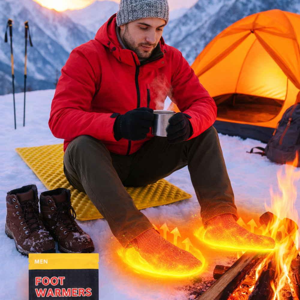 Self-heating foot warmers used while winter camping near a campfire in snowy mountains, providing 12-hour heat insulation.