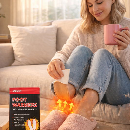 Woman using self-heating foot warmers at home while wearing cozy slippers for indoor winter comfort.