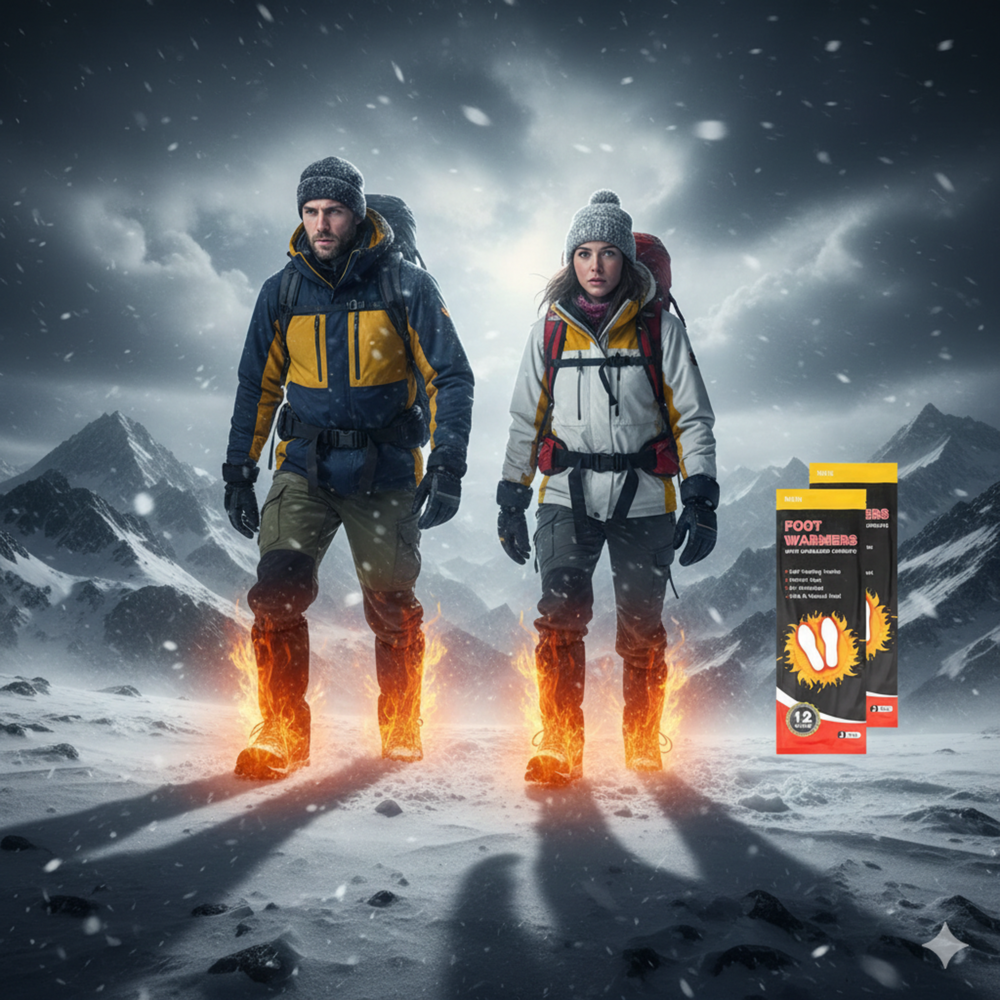 Winter hikers walking in snowy mountains using heated foot warmers to stay warm in extreme cold conditions.