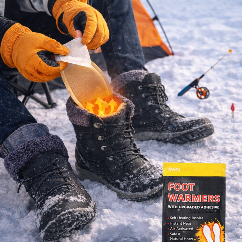 Heated foot warmers placed inside winter boots during ice fishing to provide long-lasting warmth in snow.