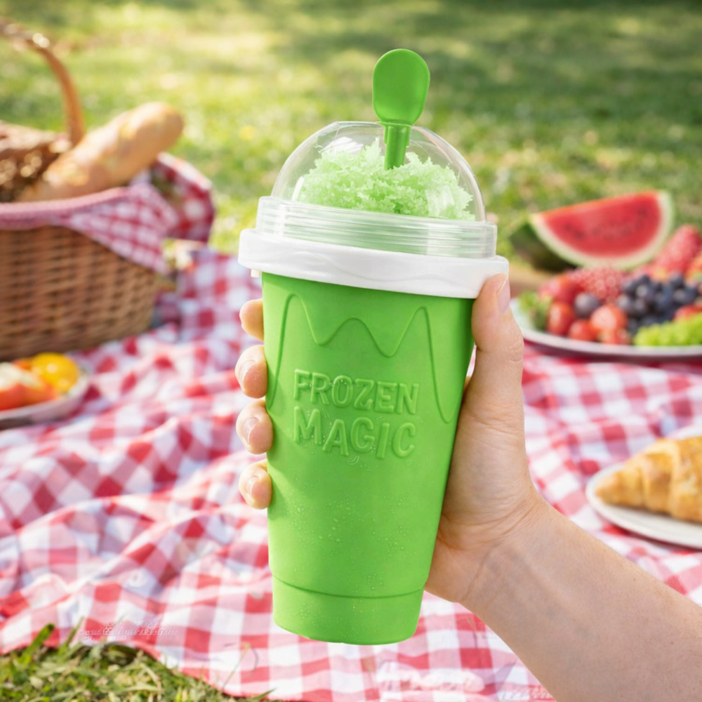 Hand holding a green Frozen Magic slushy maker cup on a picnic blanket with fruit and a basket in the background.