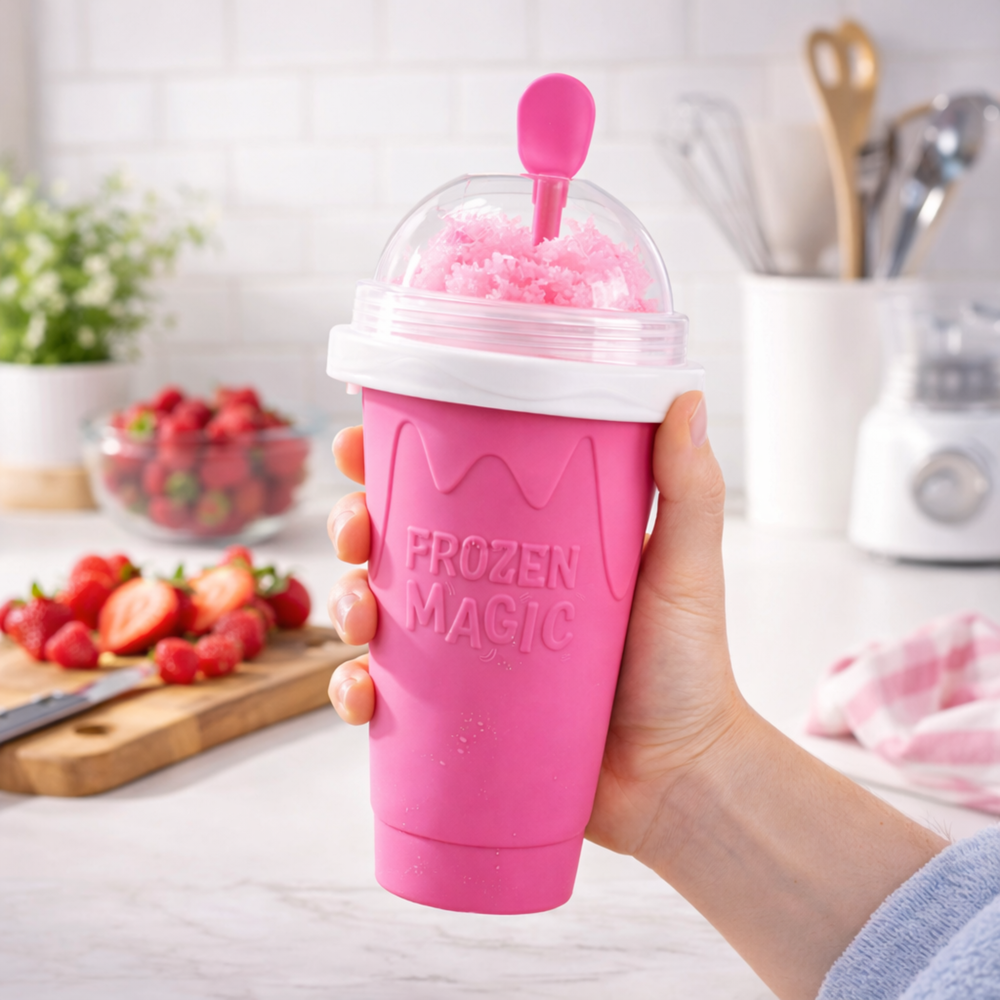 Hand holding a pink Frozen Magic slushy maker cup in a bright kitchen with strawberries on the counter.