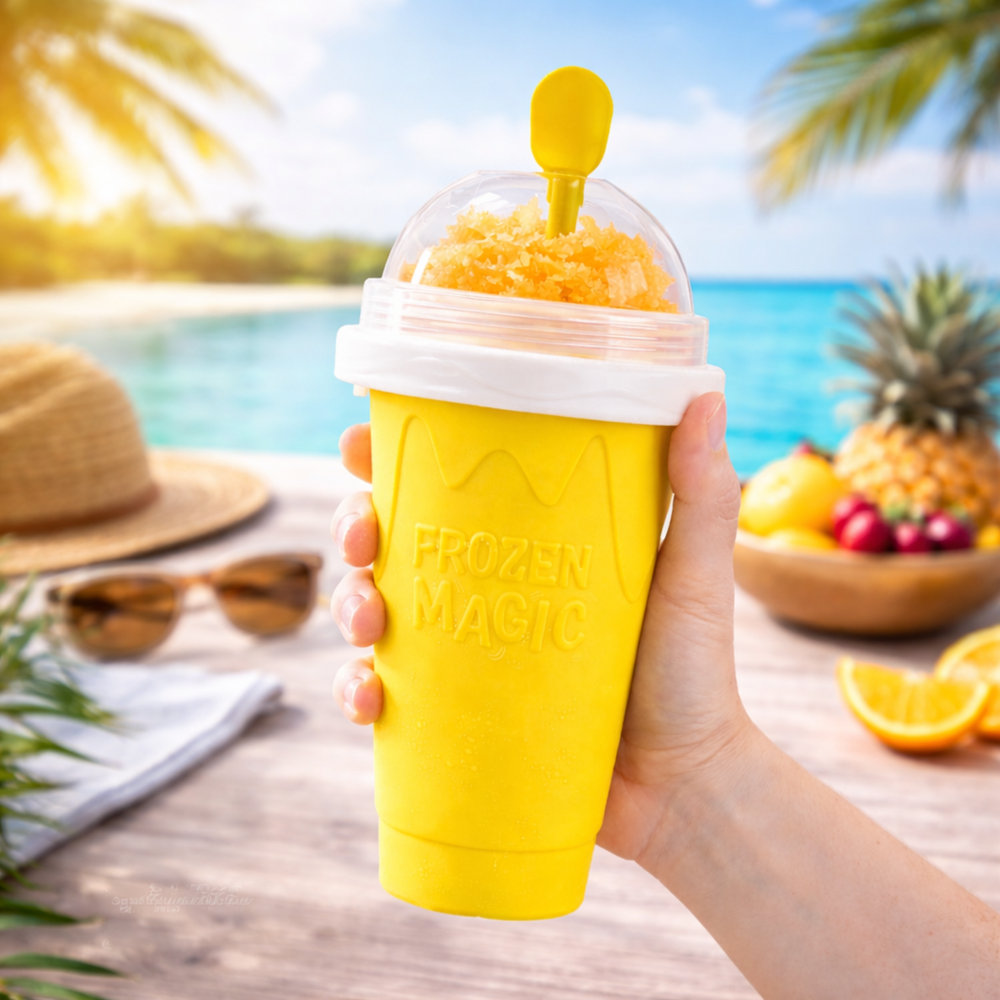 Hand holding a yellow Frozen Magic slushy maker cup at a sunny beach table with tropical fruit and sunglasses.