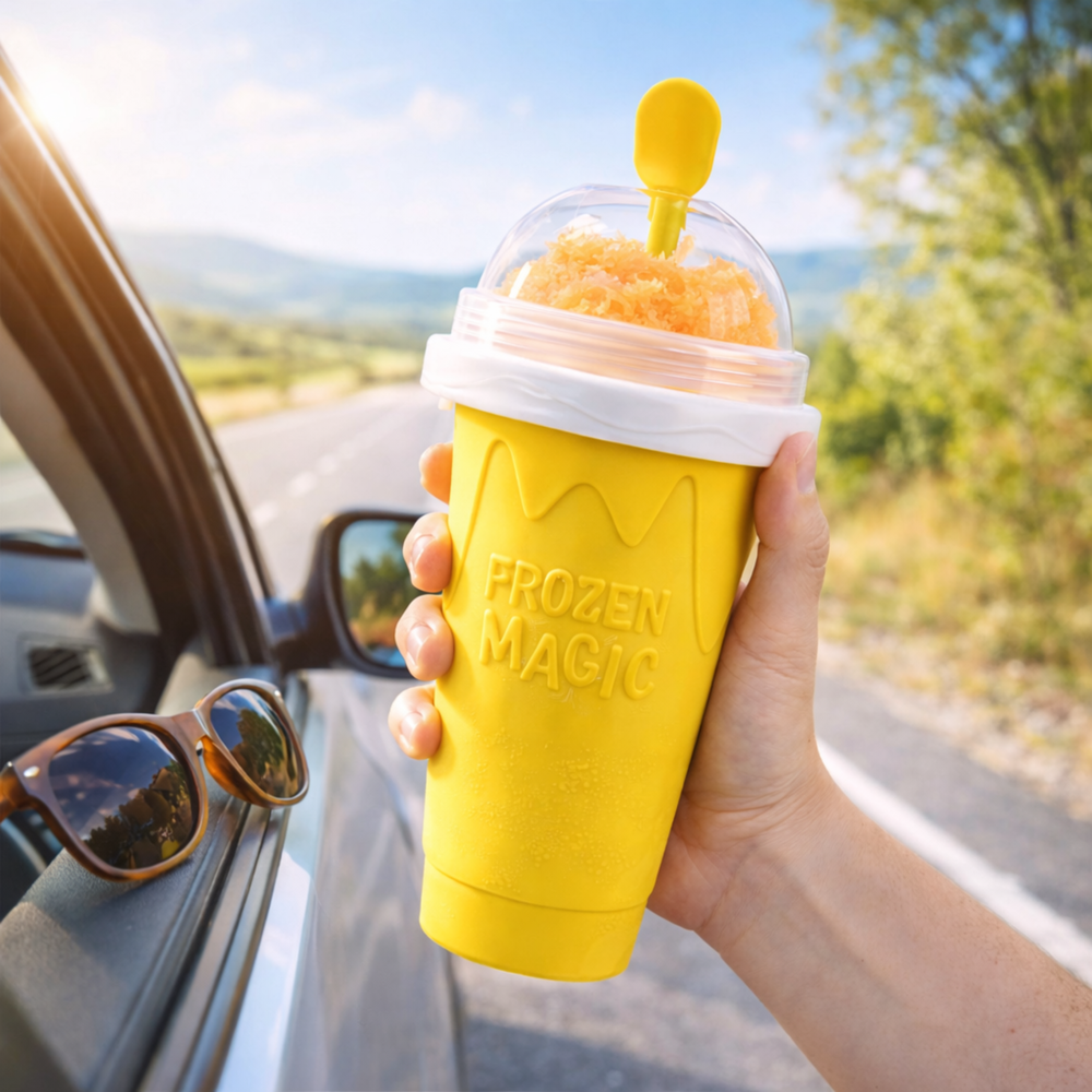 Hand holding a yellow Frozen Magic slushy maker cup near a car window on a sunny road trip.
