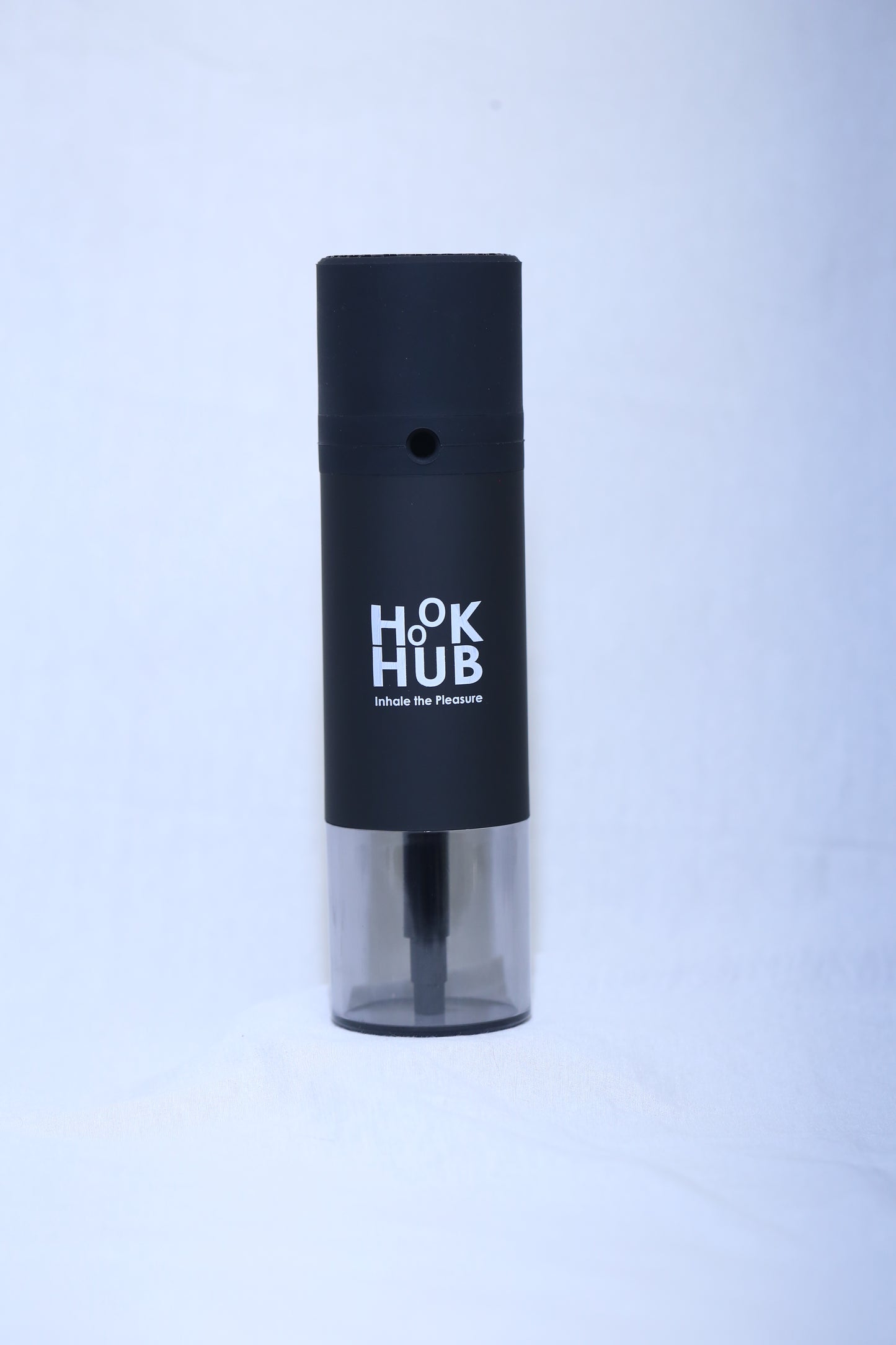 A sleek black Hook Hub portable hookah device with a modern design, showcasing its compact and stylish build.