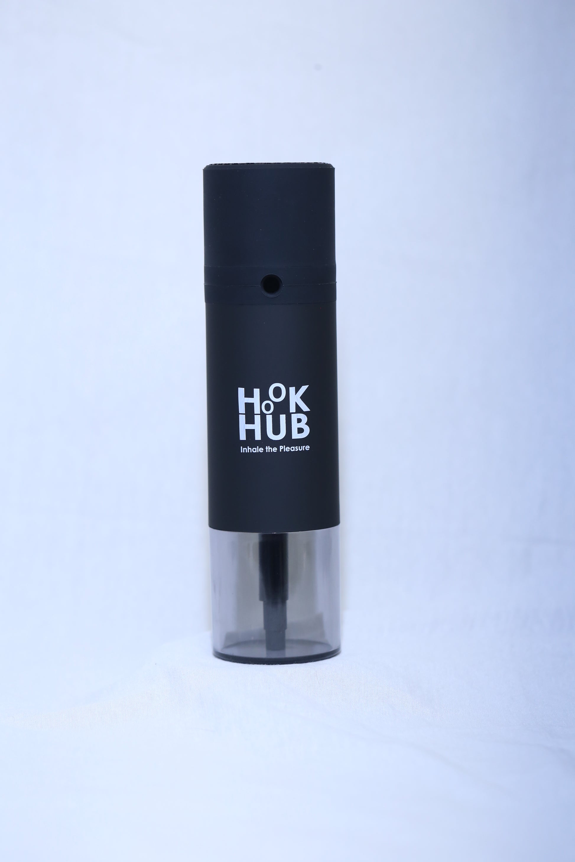 A sleek black Hook Hub portable hookah device with a modern design, showcasing its compact and stylish build.