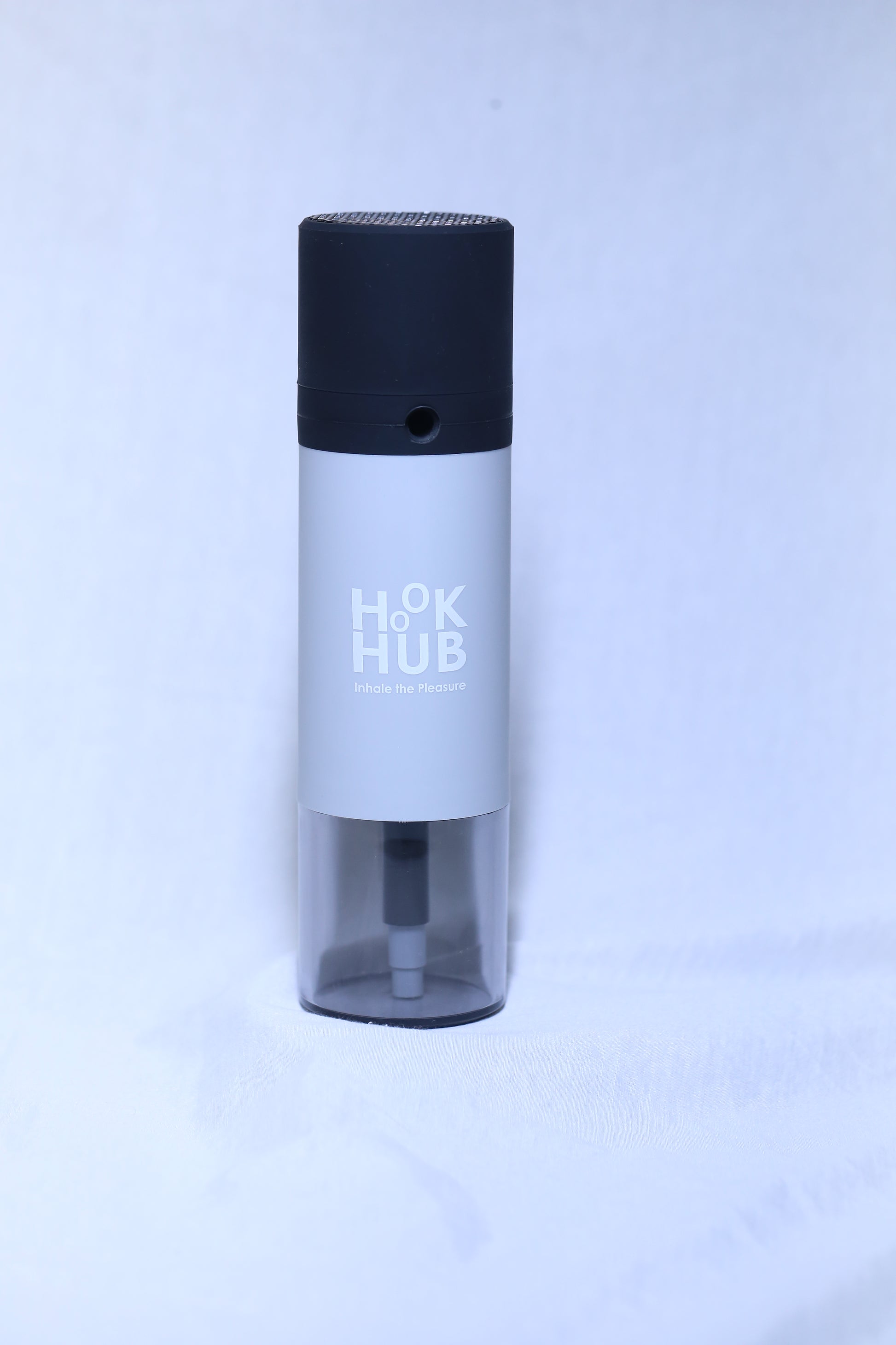 A silver Hook Hub portable hookah device with a black cap, perfect for elegant and minimalist settings.