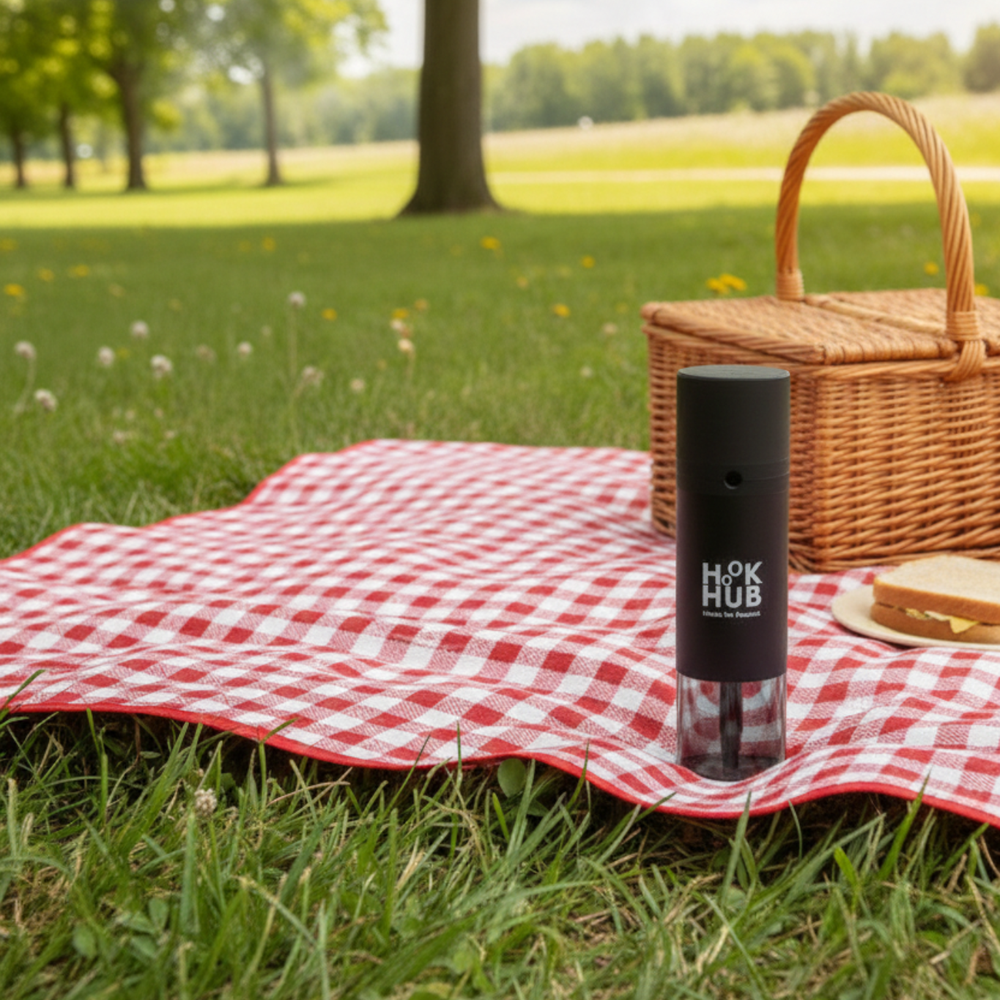 Hook Hub black portable device placed on a picnic blanket outdoors next to a wicker basket in natural daylight.