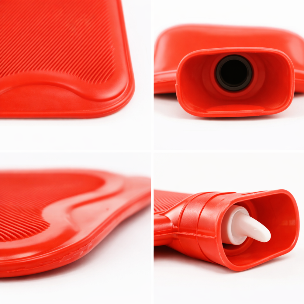 Close-up collage of a red Youvee hot water bottle showing rubber texture, edge finish, cap opening, and stopper details.